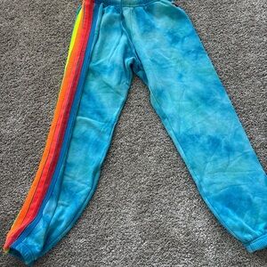 Aviator Nation Blue Tie-Dye Sweatpants with Rainbow Side Stripes